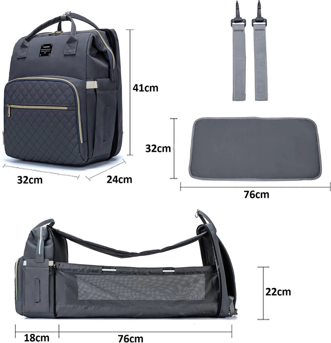 Luiertas - Multifuctioneel Luiertas 3 In 1 - Met Babybedje - Met Verschoningsmatje - Grijs - Met Usb - Met Verdikt Matras 6 Luiertas - Multifuctioneel Luiertas 3 In 1 - Met Babybedje - Met Verschoningsmatje - Grijs - Met Usb - Met Verdikt Matras - Afbeelding 6