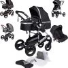Bronea EXQUISE Luxe Multi-functionele Kinderwagen 3 In 1 | Zwart / Silver | Incl. MATRAS, Buggy, Autostoel, Luiertas, Regenhoes, Voetenwarmer, Muggen Net & Zonneklep