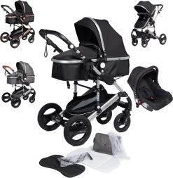 Bronea EXQUISE Luxe Multi-functionele Kinderwagen 3 In 1 | Zwart / Silver | Incl. MATRAS, Buggy, Autostoel, Luiertas, Regenhoes, Voetenwarmer, Muggen Net & Zonneklep