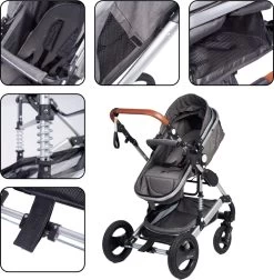 Bronea EXQUISE Luxe Multi-functionele Kinderwagen 3 In 1 | Zwart / Silver | Incl. MATRAS, Buggy, Autostoel, Luiertas, Regenhoes, Voetenwarmer, Muggen Net & Zonneklep -Babyproducten Uitverkoop 1178x1200 6