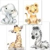 Merkloos Poster Set | 4 Stuks | Dieren | Kinderkamer | Junglethema | A4-formaat | Olifant, Zebra, Leeuw & Giraffe