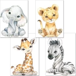 Merkloos Poster Set | 4 Stuks | Dieren | Kinderkamer | Junglethema | A4-formaat | Olifant, Zebra, Leeuw & Giraffe