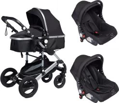 Bronea EXQUISE Luxe Multi-functionele Kinderwagen 3 In 1 | Zwart / Silver | Incl. MATRAS, Buggy, Autostoel, Luiertas, Regenhoes, Voetenwarmer, Muggen Net & Zonneklep -Babyproducten Uitverkoop 1200x1036