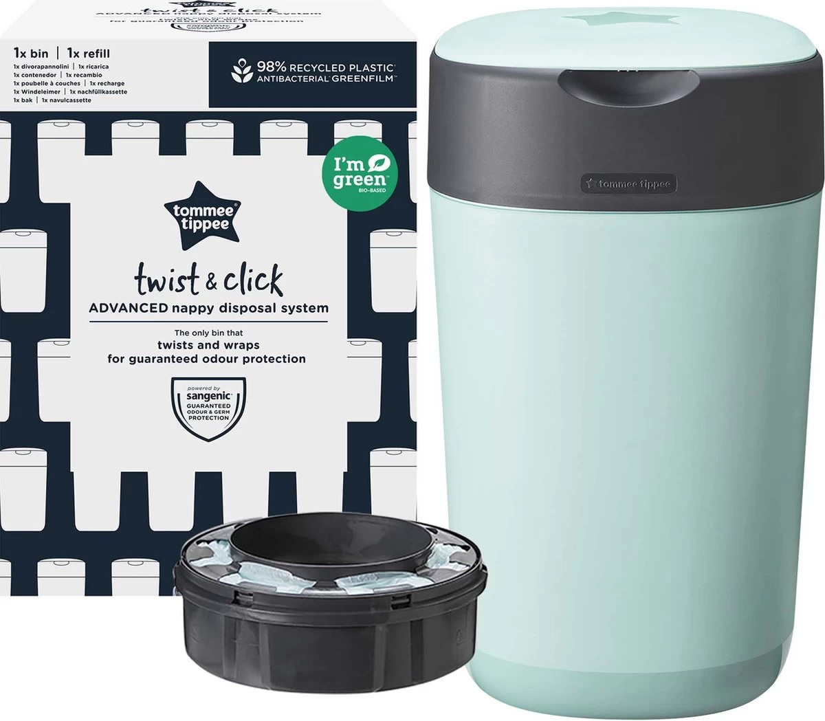 Tommee Tippee Milieuvriendelijke Twist & Click Luieremmer - Met 1 Navulcassette - Groen 2 Tommee Tippee Milieuvriendelijke Twist & Click Luieremmer - Met 1 Navulcassette - Groen - Afbeelding 2