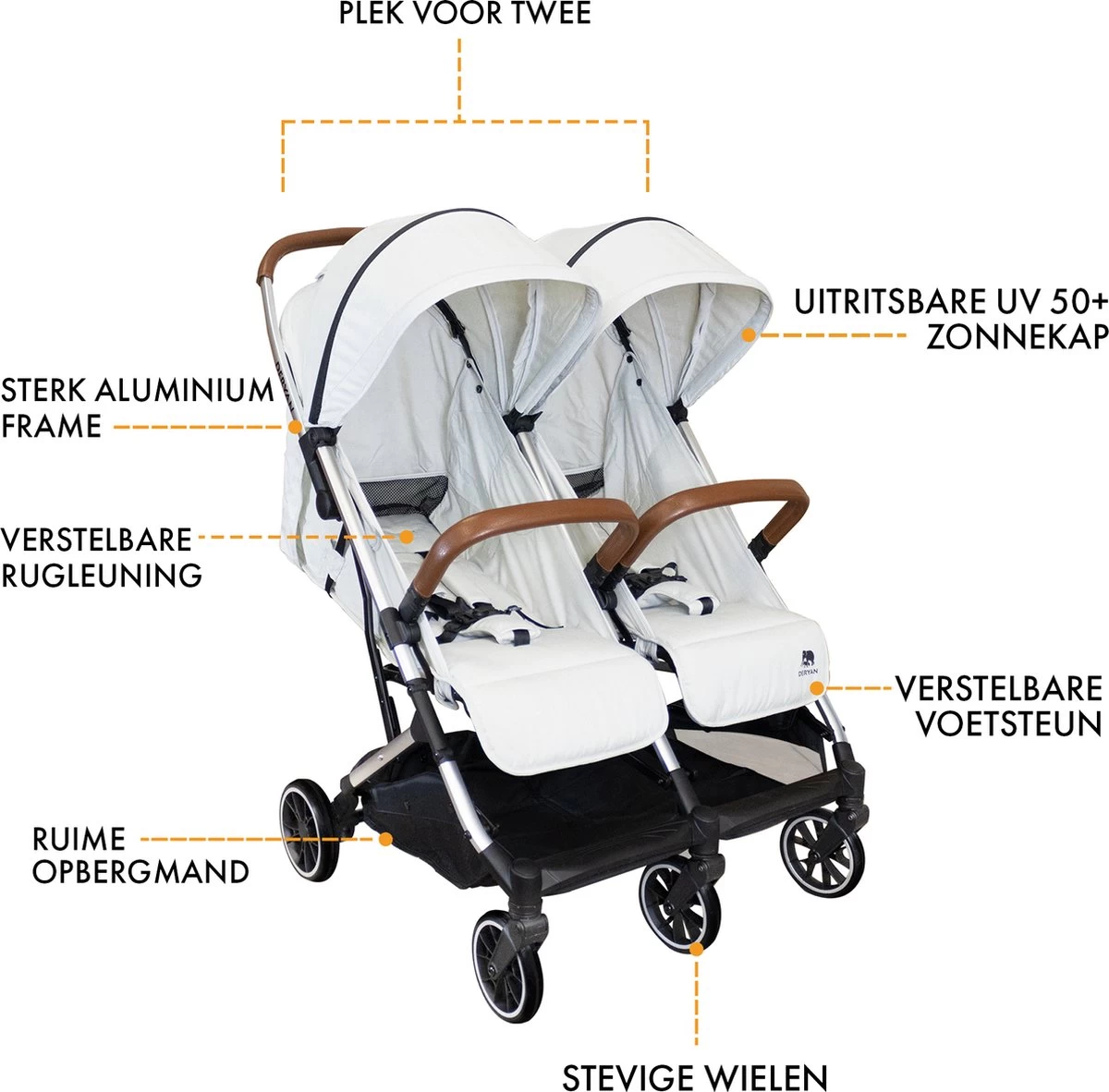 Deryan Luxe Rolo X2 Dubbele Buggy - Duo Buggy - Creme 12 Deryan Luxe Rolo X2 Dubbele Buggy - Duo Buggy - Creme - Afbeelding 12