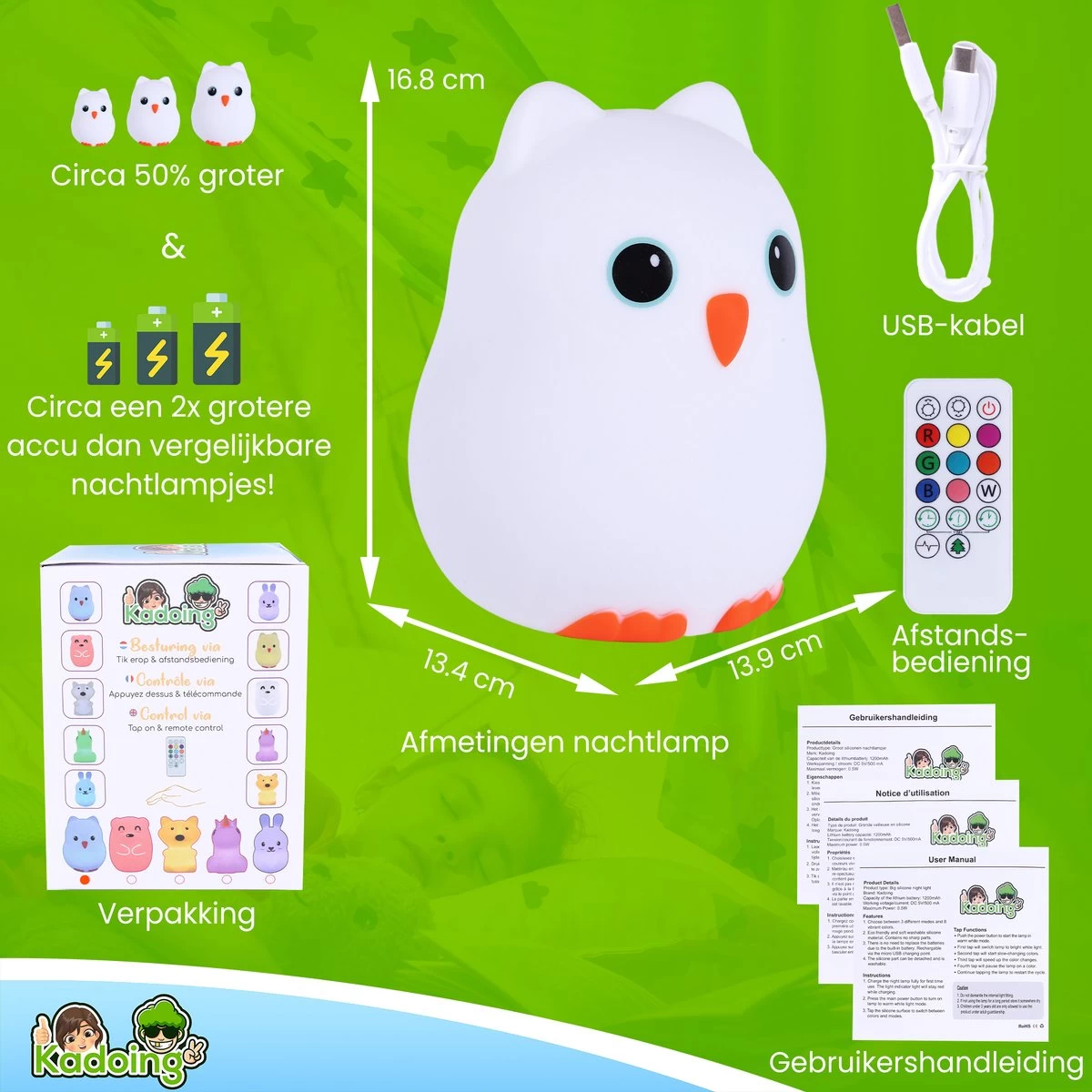Kadoing Uil Nachtlamp (Groot) - Met TAP-ON & Afstandsbediening - Oplaadbaar - LED Lamp - Gender Reveal - Babyshower - Kraamcadeau - Baby - Babykamer - Verjaardag Kinderen - Kinderkamer - Kinderspeelgoed - Speelgoed Cadeau - Premium Kinderlamp 9 Kadoing Uil Nachtlamp (Groot) - Met TAP-ON & Afstandsbediening - Oplaadbaar - LED Lamp - Gender Reveal - Babyshower - Kraamcadeau - Baby - Babykamer - Verjaardag Kinderen - Kinderkamer - Kinderspeelgoed - Speelgoed Cadeau - Premium Kinderlamp - Afbeelding 9