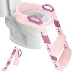 Macx & Macx Toilettrainer Met Trapje - Brilverkleiner Met Handvaten En Opstapje - Opvouwbaar Toilet Bril Zitje - WC Zindelijkheids Training Voor Jongens/Meisjes - Urinoirs Voor Kind/Peuter Van 2 Tot 7 Jaar - Roze