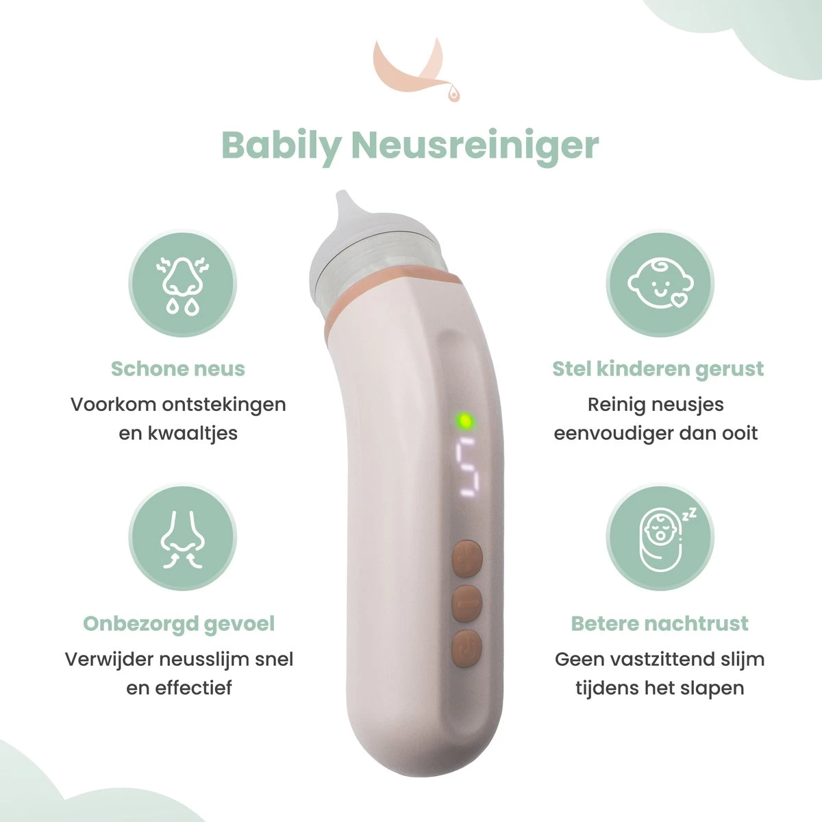 Babily® - Elektrische Neusreiniger Voor Baby's - 0 T/m 6 Jaar - Neuszuiger - Neuspeer - Snoetenpoetser - Toetenveger - Aspirator - Incl. 5 Zuigkrachtstanden En 3 Kalmerende Melodieën 3 Babily® - Elektrische Neusreiniger Voor Baby's - 0 T/m 6 Jaar - Neuszuiger - Neuspeer - Snoetenpoetser - Toetenveger - Aspirator - Incl. 5 Zuigkrachtstanden En 3 Kalmerende Melodieën - Afbeelding 3
