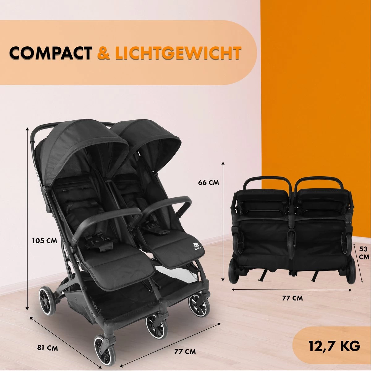Deryan Luxe Rolo X2 Dubbele Buggy - Duo Buggy - Zwart 4 Deryan Luxe Rolo X2 Dubbele Buggy - Duo Buggy - Zwart - Afbeelding 4