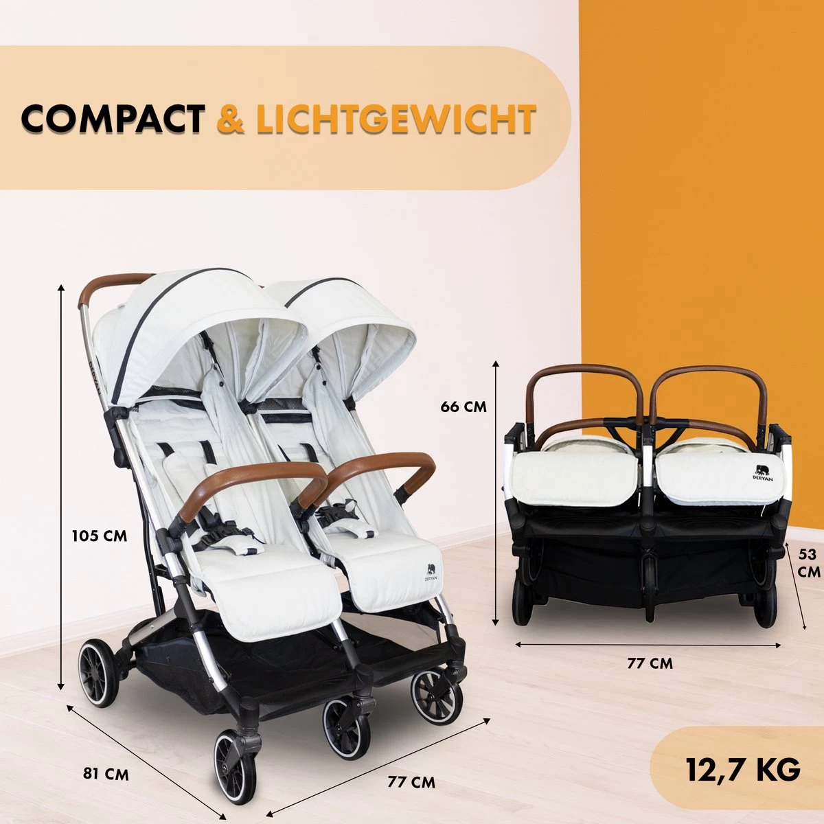 Deryan Luxe Rolo X2 Dubbele Buggy - Duo Buggy - Creme 9 Deryan Luxe Rolo X2 Dubbele Buggy - Duo Buggy - Creme - Afbeelding 9