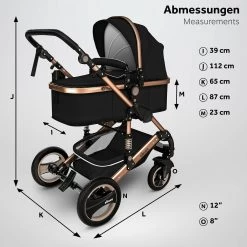 KIDUKU- 3 In 1 Combi-kinderwagen- Zwart/goud- Buggy Incl. Autostoeltje-regenhoes- Inklapbaar -Babyproducten Uitverkoop 1200x1200 956