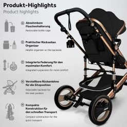 KIDUKU- 3 In 1 Combi-kinderwagen- Zwart/goud- Buggy Incl. Autostoeltje-regenhoes- Inklapbaar -Babyproducten Uitverkoop 1200x1200 959
