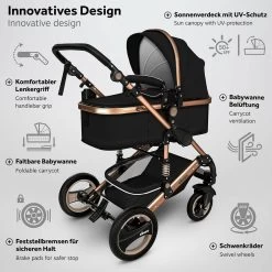 KIDUKU- 3 In 1 Combi-kinderwagen- Zwart/goud- Buggy Incl. Autostoeltje-regenhoes- Inklapbaar -Babyproducten Uitverkoop 1200x1200 962