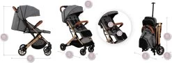 MoMi Wandelwagen - Compacte Lichtgewicht Buggy - Estelle - Gray-Gold (geschikt Van 6mnd - 15kg) -Babyproducten Uitverkoop 1200x443