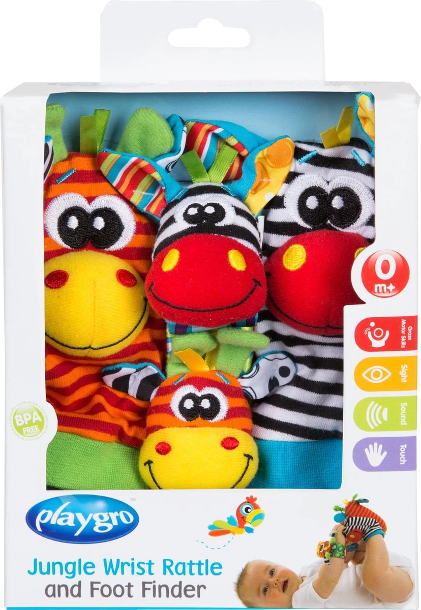 Playgro Pols- En Voetrammelaarset Zebra & Giraf - Set Van 4 Stuks, 2 Polsbandjes En 2 Rammelsokjes 7 Playgro Pols- En Voetrammelaarset Zebra & Giraf - Set Van 4 Stuks, 2 Polsbandjes En 2 Rammelsokjes - Afbeelding 7